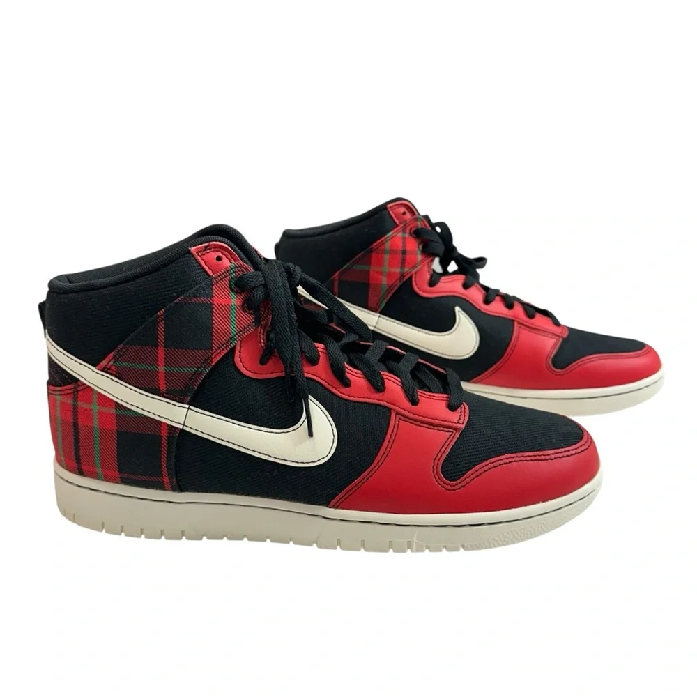 Nike Men's Dunk Hi Retro SE‎ Black University Red Tartan Plaid Size 13 DV0826-00